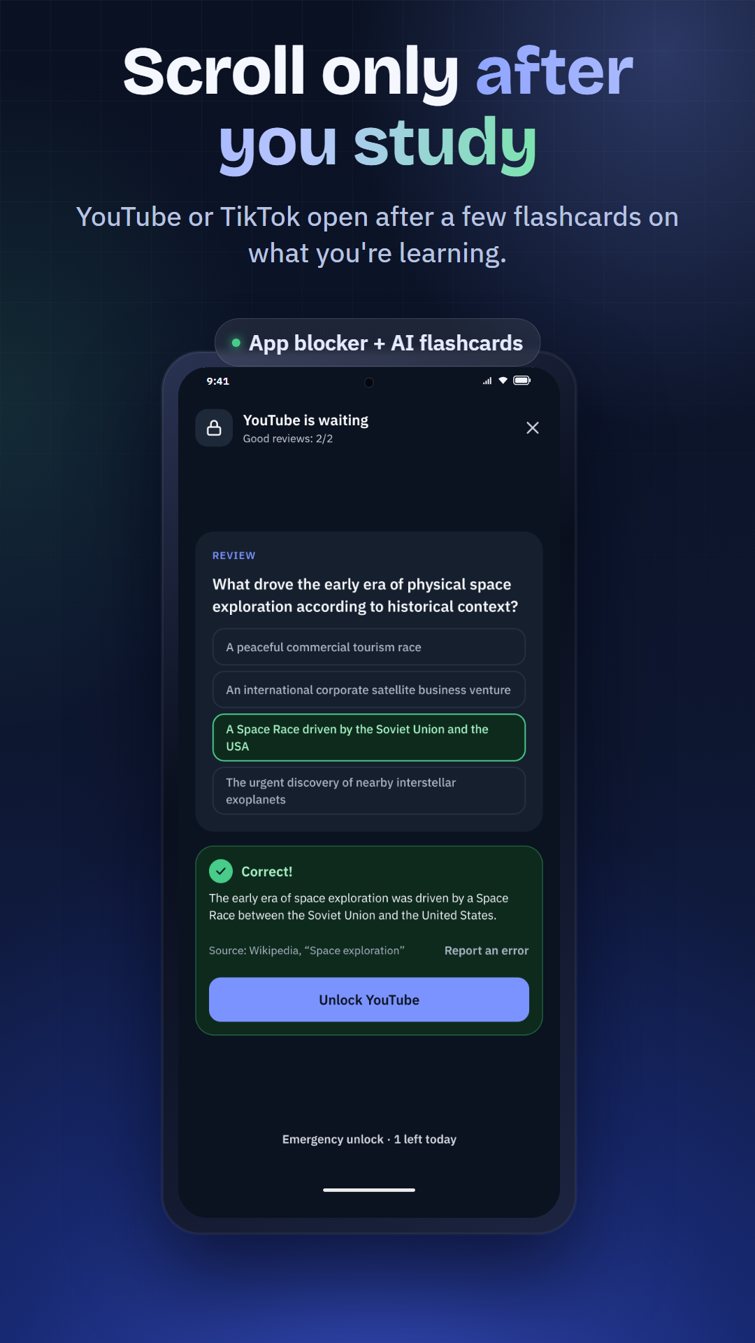 How the Learnwall lock screen looks before YouTube opens