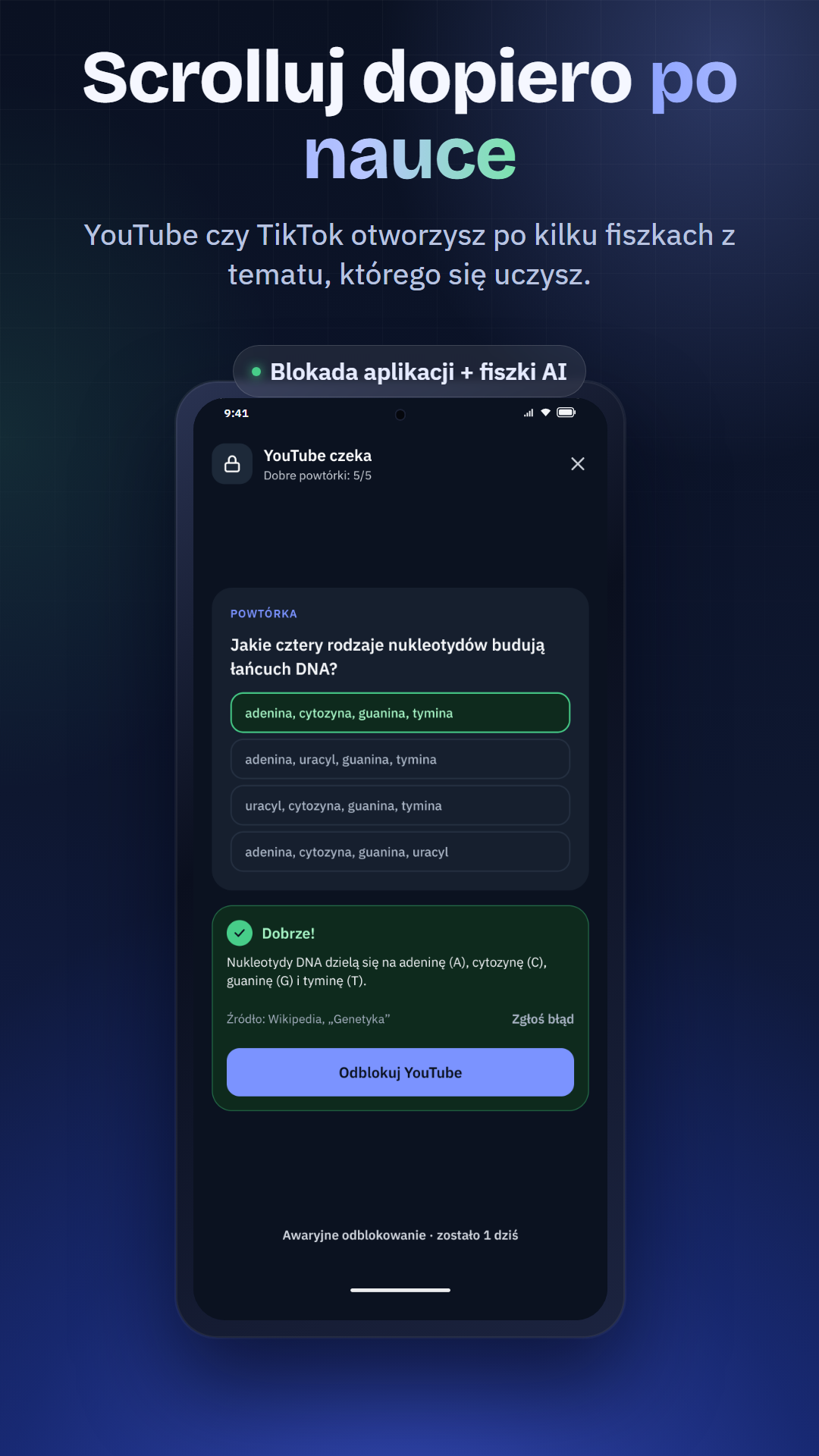 Tak wygląda ekran blokady Learnwall przed otwarciem YouTube